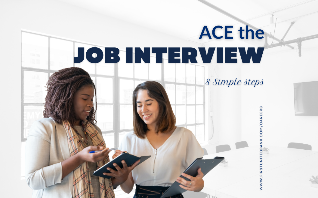 ACE the Job Interview 8 Simple Steps. One woman holding a notepad and the other holding an iPad.