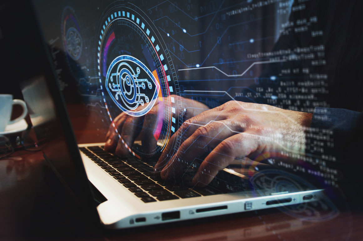 Hands on laptop with security screens