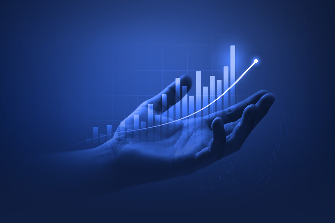 Hand with upward trending bar chart
