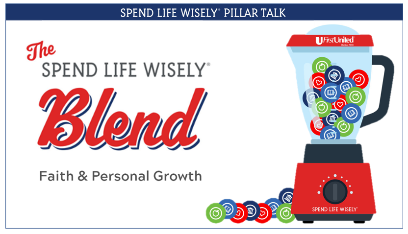 Blender with pillar icons inside, text says The Spend Life Wisely Blend of Faith and Personal Growth