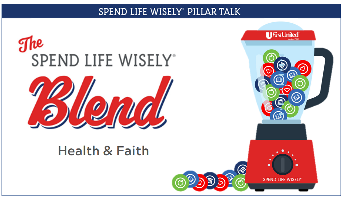 Blender with pillar icons inside, text says The Spend Life Wisely Blend of Health and Faith