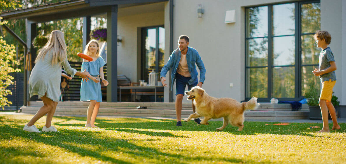 Dad playing frisbee with his kids and dog. 