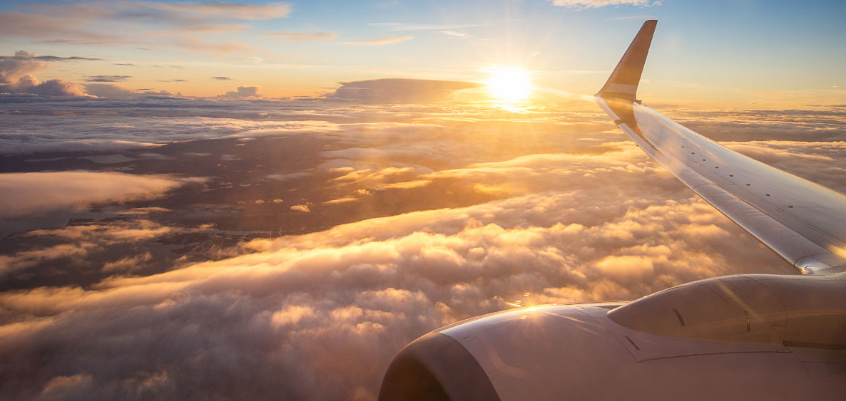 Airplane in the sunny sky