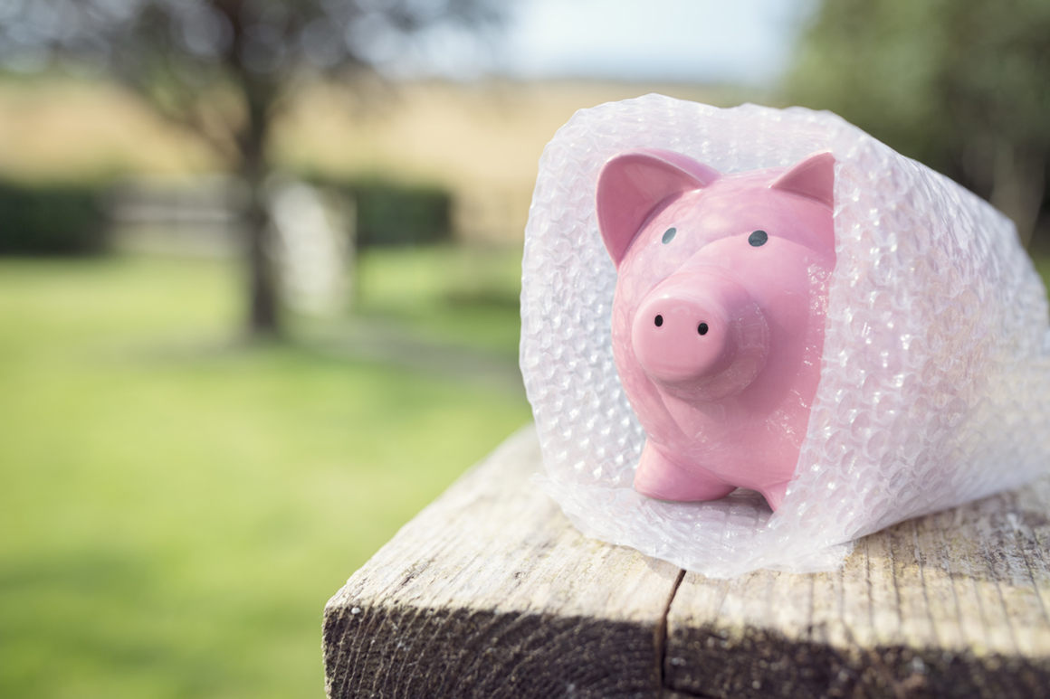 Bubble wrapped pink pig outside on a picnic table