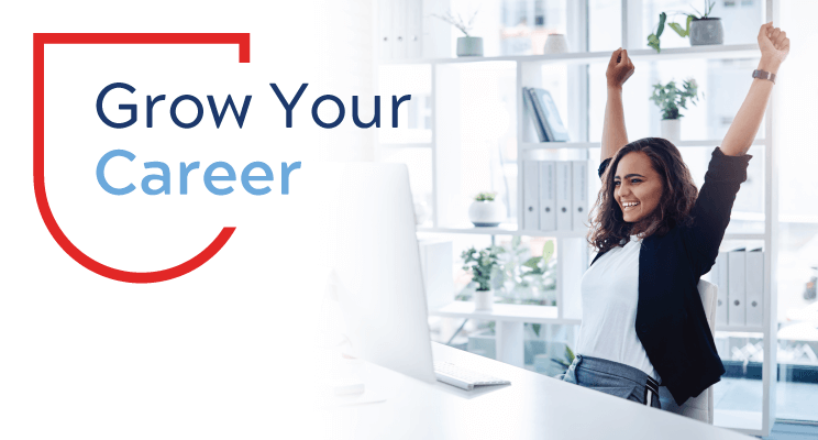 Grow Your Career Wisely with Woman with both arms raised up