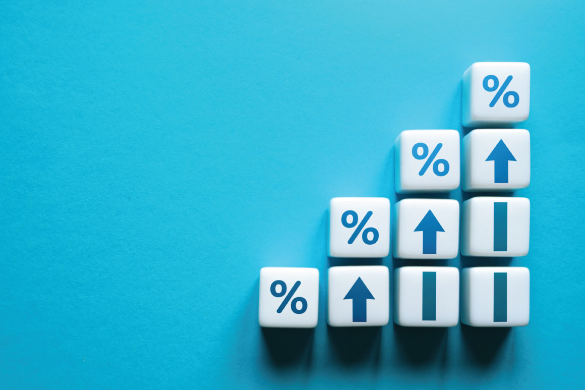 Blocks with a percentage icon, an up arrow icon, and a vertical line on them