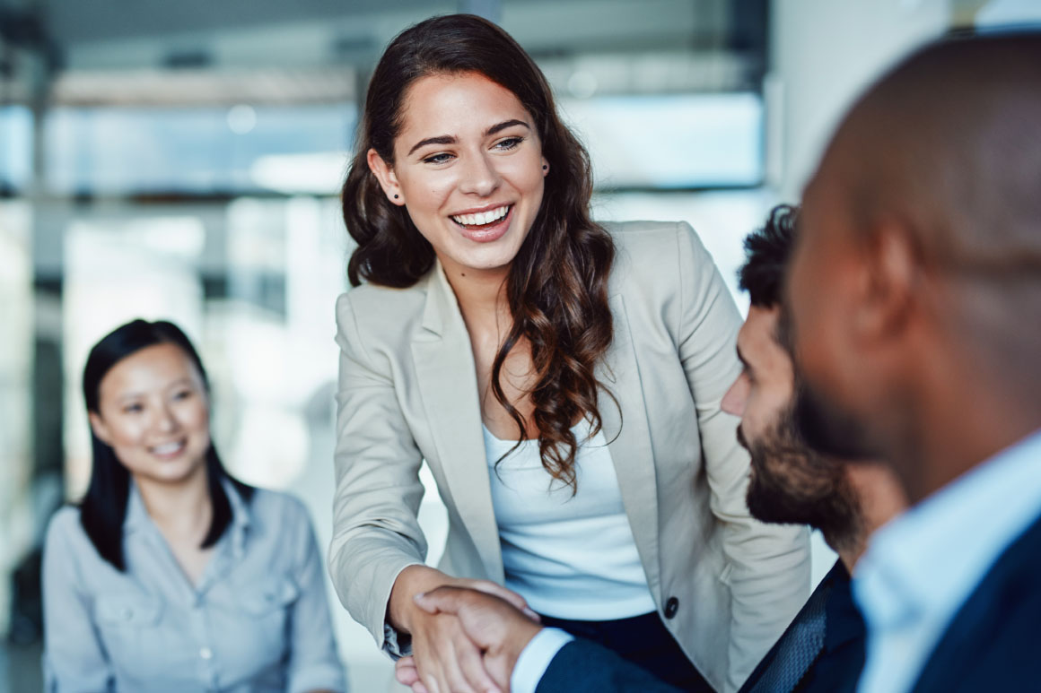 Business women and men meeting each other.