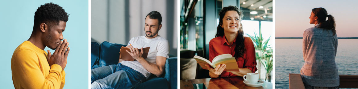 A man praying, a man journaling, a woman reading, and a woman reflecting next to the ocean.