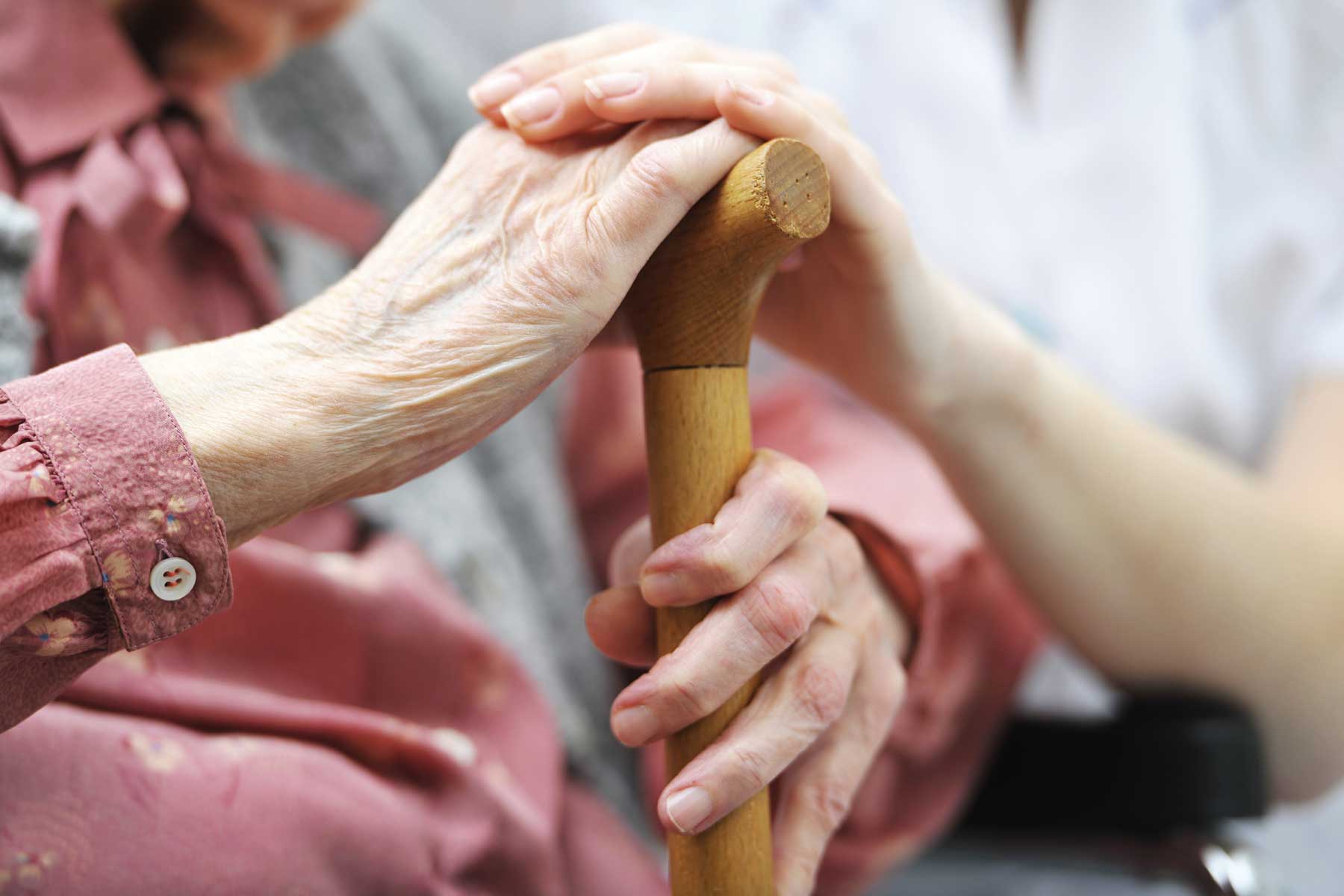 Hands on wooden cane