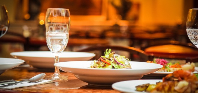Dining out with salad and sparkling water
